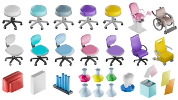Medical chairs and hospital furniture 3d models featuring examination stools, dental chairs, patient seating, and laboratory equipment for hospital 3d assets