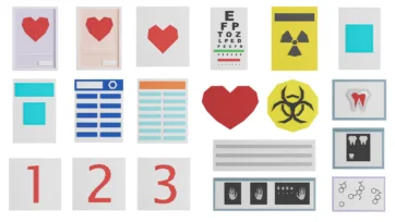 Medical charts and hospital signage 3d models including eye charts, safety signs, biohazard symbols, and informational displays for 3d hospital interior design