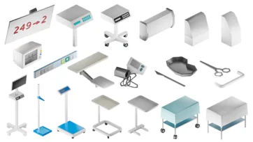 Detailed hospital accessories 3d models including medical monitors, surgical instruments, equipment stands, and various hospital 3d assets for medical environments