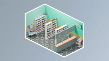 Medical library and education center 3d model with extensive book collection, study areas, and professional learning environment for hospital staff