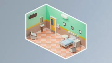 Private single patient 3d hospital room featuring comfortable hospital bed 3d model, visitor seating, and modern hospital 3d assets