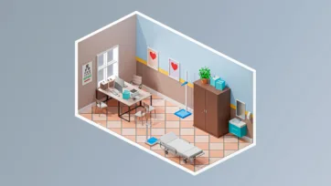Professional medical office 3d hospital interior with consultation desk, examination area, and comprehensive hospital 3d models for patient meetings