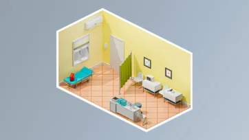 Patient recovery room 3d hospital model featuring comfortable hospital bed 3d model, medical equipment, and peaceful 3d hospital interior design