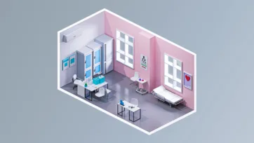 Medical consultation 3d hospital room with examination table, medical equipment storage, and detailed hospital bed 3d model for patient care
