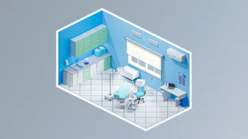 Professional dental clinic 3d hospital interior featuring dental chair, medical cabinets, and specialized hospital 3d assets for dental procedures