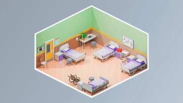 Physical therapy rehabilitation 3d hospital room with specialized medical equipment, exercise beds, and hospital 3d models for patient recovery