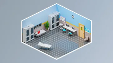 Modern laboratory 3d hospital room featuring research equipment, computer workstations, medical storage cabinets, and detailed hospital 3d assets for scientific research