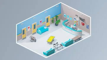 Modern hospital hallway 3d model featuring waiting area with reception desk, comfortable seating, and professional 3d hospital interior design elements