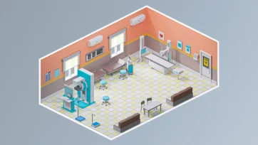 Medical radiology department 3d hospital interior with X-ray equipment, imaging machines, and patient examination areas featuring detailed hospital 3d models