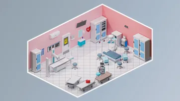 Professional operating theater 3d hospital model featuring surgical tables, medical equipment, monitoring systems, and sterile hospital 3d assets for surgical procedures