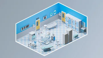 Advanced 3d hospital room model of surgical operating theater with hospital bed 3d model, surgical lights, medical equipment, and sterile operating environment