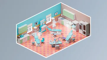 Detailed 3d hospital interior of dental office featuring multiple dental chairs, medical equipment cabinets, and professional dental surgery setup in colorful isometric view
