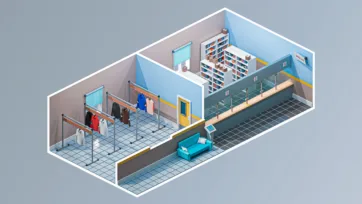 Isometric 3d model of retail clothing store and library facility with detailed interior layout featuring clothing racks, bookshelves, and modern furniture arrangement