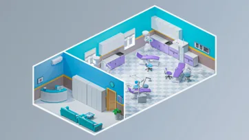 Specialized dental and surgical 3d hospital room featuring multiple dental chairs, waiting area, and detailed hospital 3d models with professional medical equipment