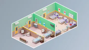 Two-level hospital 3d assets showing patient ward areas with multiple hospital bed 3d models, medical equipment, and realistic 3d hospital interior design