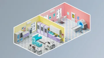 Large-scale 3d hospital interior featuring dual-wing layout with MRI room, patient consultation areas, and detailed hospital 3d models with medical equipment