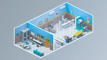 Comprehensive 3d hospital model showing connected medical rooms including consultation areas, treatment rooms, and hospital hallway 3d model with realistic medical equipment
