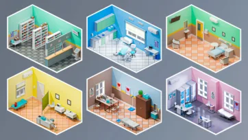 Six specialized hospital 3d models featuring library, dental clinic, patient rooms, and medical consultation areas with detailed 3d hospital interior elements