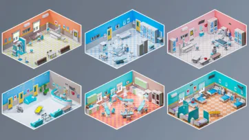 Six detailed 3d hospital assets showing operating theaters, patient rooms, and medical consultation areas with hospital bed 3d models and surgical equipment