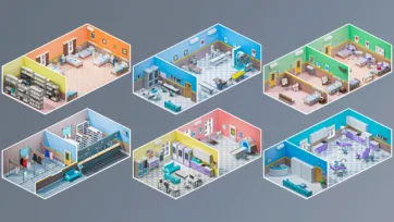 Eight specialized 3d hospital room models featuring patient wards, operating rooms, dental offices, and medical equipment storage areas with realistic hospital interior design