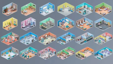 Collection of 24 detailed 3d hospital models showing various medical rooms including patient rooms, operating theaters, ICU units, and hospital hallways in colorful isometric design