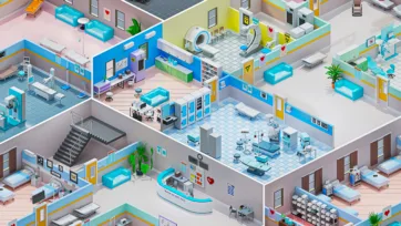 Colorful isometric hospital 3d interior showcasing medical departments and patient areas