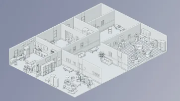 Isometric hospital floor plan 3d model showing medical facility layout in line art style