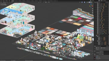 Blender 3D hospital scene with detailed interior layout and medical equipment models