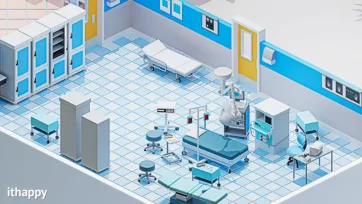 3d hospital interior of surgical suite with operating table, medical equipment, surgical lights, monitors, and sterile hospital environment in isometric view