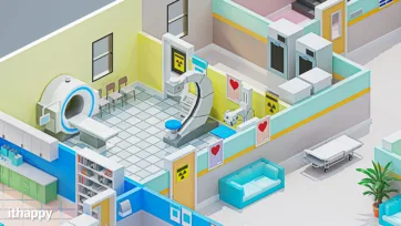 Hospital 3d interior showing radiology department with MRI scanner, CT equipment, medical library with bookshelves, and professional healthcare facility layout