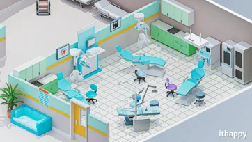 3d model of dental clinic featuring dental chairs, examination equipment, dental lamps, storage cabinets, and waiting area in detailed hospital interior design