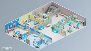 Low poly hospital model featuring surgical suite with operating equipment, radiology department with CT scanner, and comprehensive medical facility layout in isometric perspective