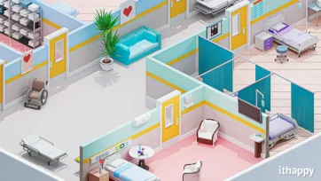3d hospital interior of patient ward showing hospital bed arrangements, medical equipment storage, patient seating areas, and healthcare facility room design