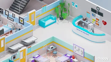 3d model of hospital nurse duty post with curved reception desk, patient waiting area, medical monitoring displays, and modern healthcare facility design