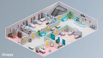 Hospital bed 3d model showing patient ward with multiple hospital beds, medical equipment, nurse station desk, stairs, and professional healthcare facility interior