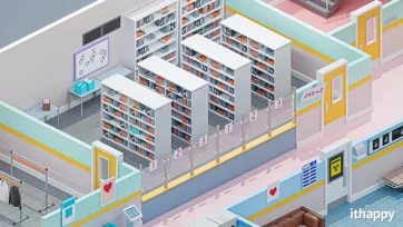 3d hospital interior of medical library section with organized bookshelves, study tables, comfortable seating, and hospital corridor access in detailed isometric view