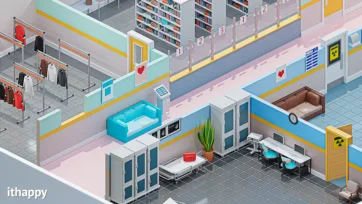 Hospital hallway 3d model displaying pharmacy counter, extensive library with bookshelves, comfortable seating areas, and medical facility corridor design