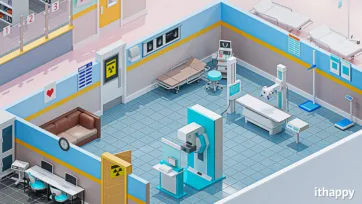 Hospital 3d model of radiology department showing MRI scanner, patient examination bed, medical monitoring equipment, and waiting area with professional medical interior design