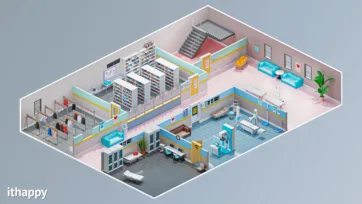 hospital interior featuring pharmacy section with medicine shelves, library area with bookshelves, waiting lounge, and medical examination rooms in isometric perspective