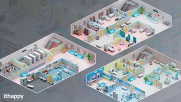 Isometric 3d model of hospital complex showing multiple floors with patient rooms, medical equipment, library, radiology department, and surgical suites in detailed low poly style