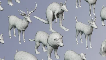 Low poly 3D animals wireframe view showing clean topology and quad-based mesh structure of deer, kangaroo and other wildlife models