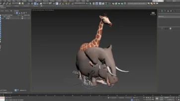 Low poly 3D large animals in 3ds Max software interface featuring giraffe, elephant and hippo models in professional modeling environment