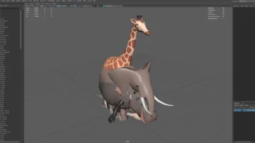 Low poly 3D safari animals in Maya software interface featuring giraffe, elephant and hippo models in professional 3D workspace