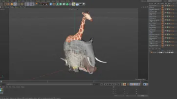 Low poly 3D animals displayed in Cinema4D software viewport showing giraffe, elephant and hippo models with professional rigging setup