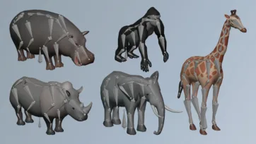 Low poly 3D rigged large animal collection with visible bone structure including hippo, gorilla, rhino, elephant and giraffe models