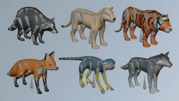 Low poly 3D rigged wildlife predators with armature bones featuring wolf, lion, tiger, fox, monkey and badger models