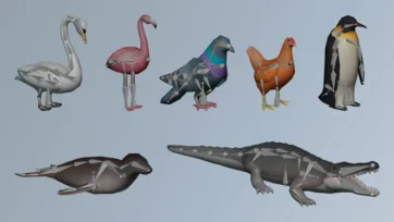 Low poly 3D rigged bird and aquatic animal collection with bone structures including swan, flamingo, pigeon, chicken, seal and crocodile