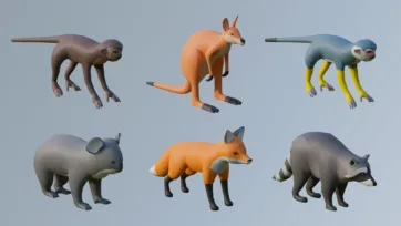 Low poly 3D wildlife collection with monkeys, orange kangaroo, red fox, hippopotamus and raccoon models