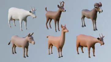 Low poly 3D mixed farm animals featuring cattle, deer, ram, donkey, llama and cow in various natural colors