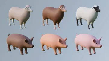 Low poly 3D farm livestock collection featuring sheep in white, brown and black variations plus pigs in different colors